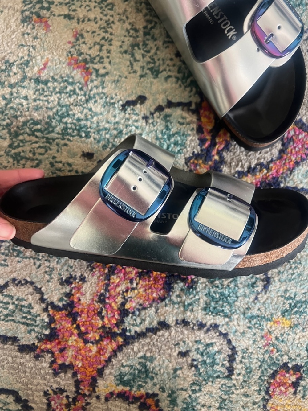 Arizona Big Buckle Lena iridescent purple blue & Silver metallic Leather Sandals - Picture 3 of 8